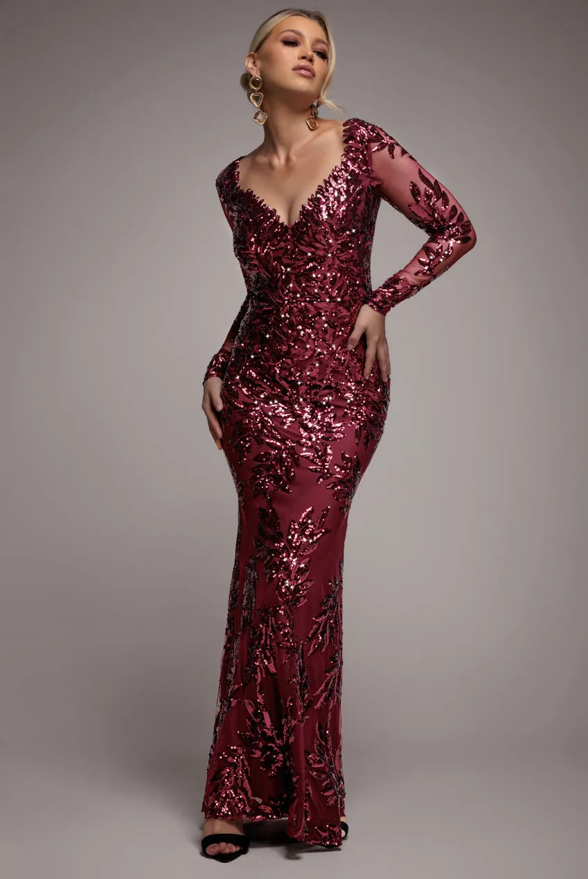 Sequin Leaf Long Sleeve Maxi Dress - Burgundy by Goddiva sold by Goddiva