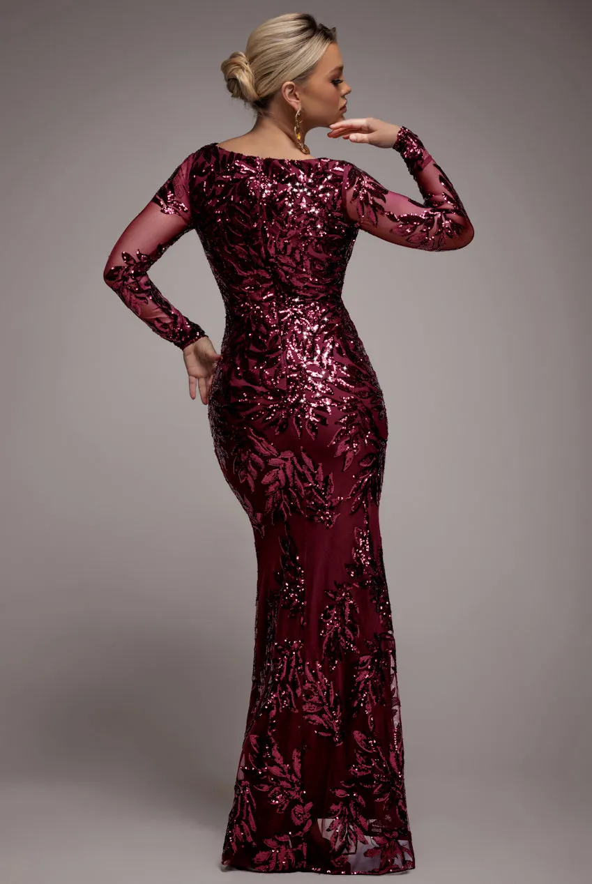 Sequin Leaf Long Sleeve Maxi Dress - Burgundy by Goddiva sold by Goddiva product image thumbnail 2