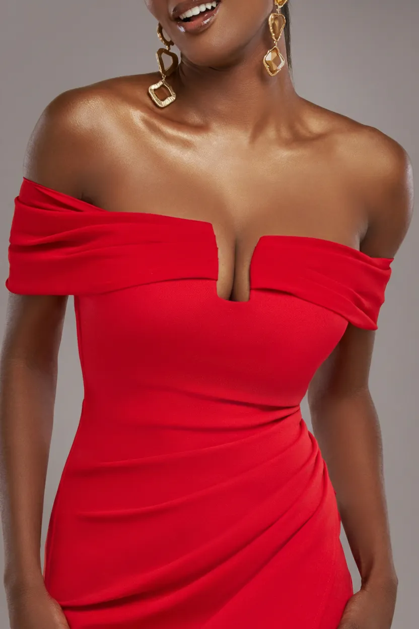 Off The Shoulder Chiffon Wing Scuba Crepe Midi Dress - Red by Goddiva sold by Goddiva product image thumbnail 3