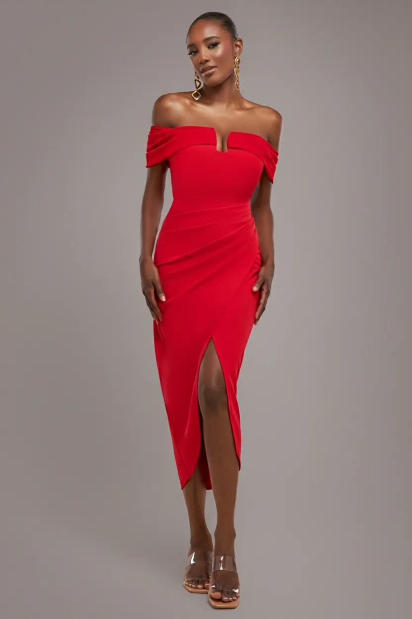 Off The Shoulder Chiffon Wing Scuba Crepe Midi Dress - Red by Goddiva sold by Goddiva