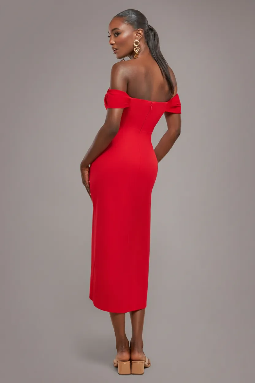 Off The Shoulder Chiffon Wing Scuba Crepe Midi Dress - Red by Goddiva sold by Goddiva product image thumbnail 2