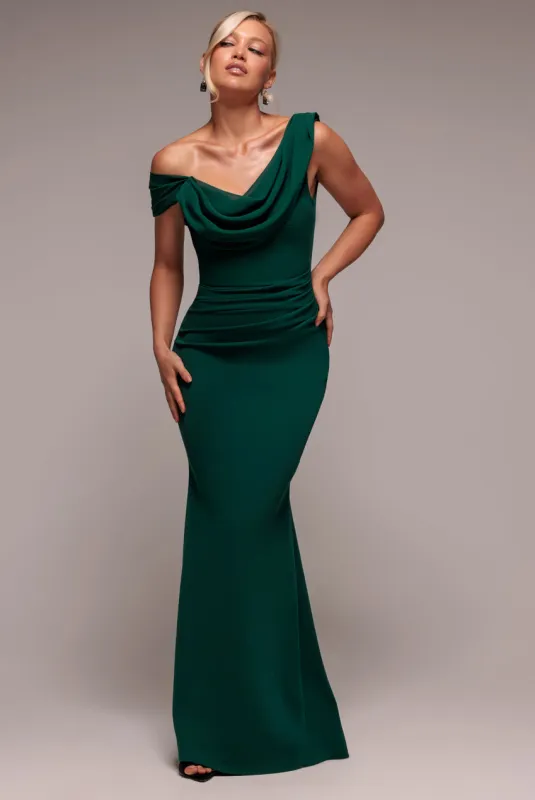 Asymmetric Chiffon Cowl Neck Scuba Maxi Dress - Emerald Green by Goddiva sold by Goddiva