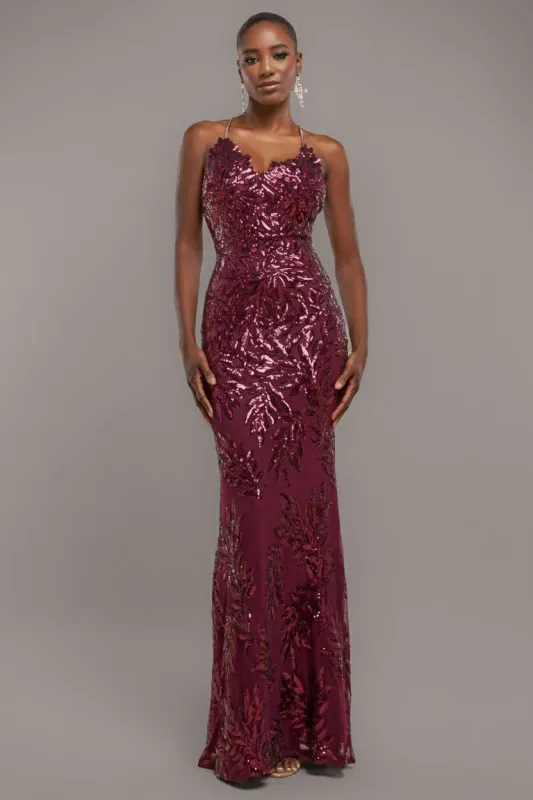 Cross Back Diamante Strap Sequin Maxi - Burgundy by Goddiva sold by Goddiva