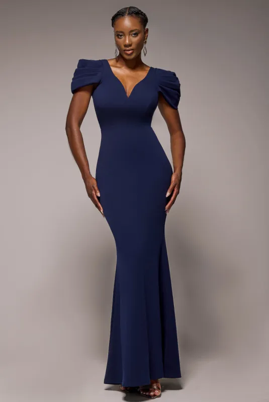 Plunging Neck Pleated Sleeves Scuba Maxi Dress - Navy Blue by Goddiva sold by Goddiva