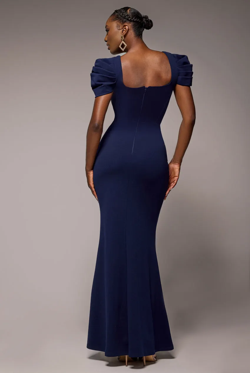 Plunging Neck Pleated Sleeves Scuba Maxi Dress - Navy Blue by Goddiva sold by Goddiva product image thumbnail 2