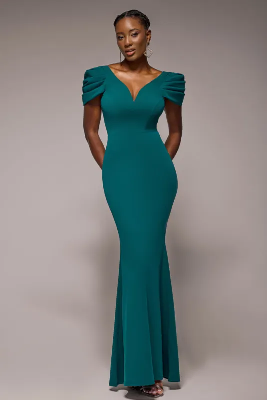 Plunging Neck Pleated Sleeves Scuba Maxi Dress - Emerald Green by Goddiva sold by Goddiva