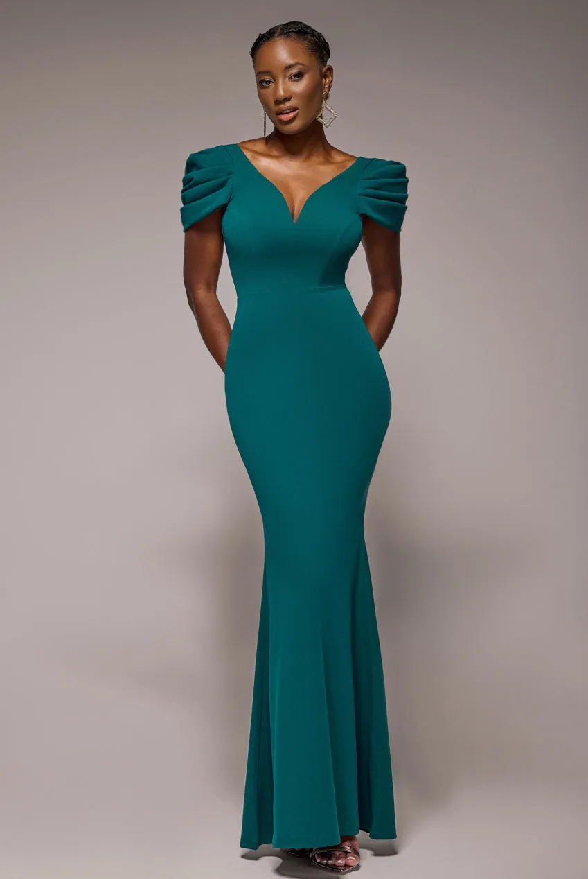 Plunging Neck Pleated Sleeves Scuba Maxi Dress - Emerald Green by Goddiva sold by Goddiva