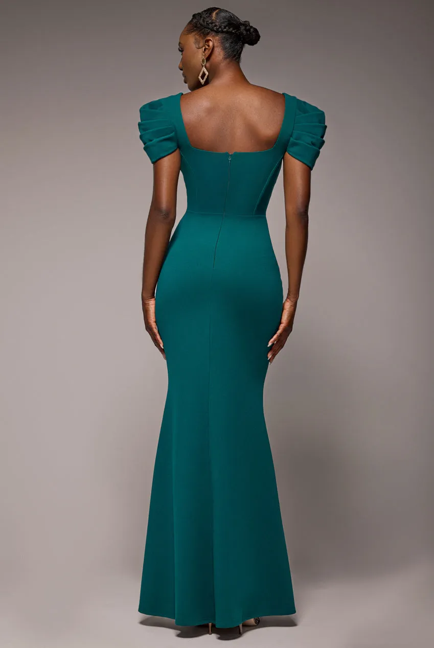 Plunging Neck Pleated Sleeves Scuba Maxi Dress - Emerald Green by Goddiva sold by Goddiva product image thumbnail 2