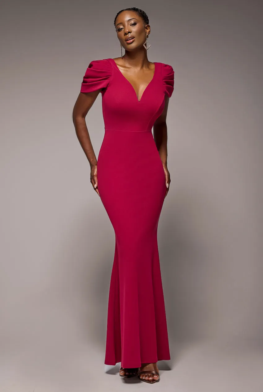 Plunging Neck Pleated Sleeves Scuba Maxi Dress - Burgundy Red by Goddiva sold by Goddiva