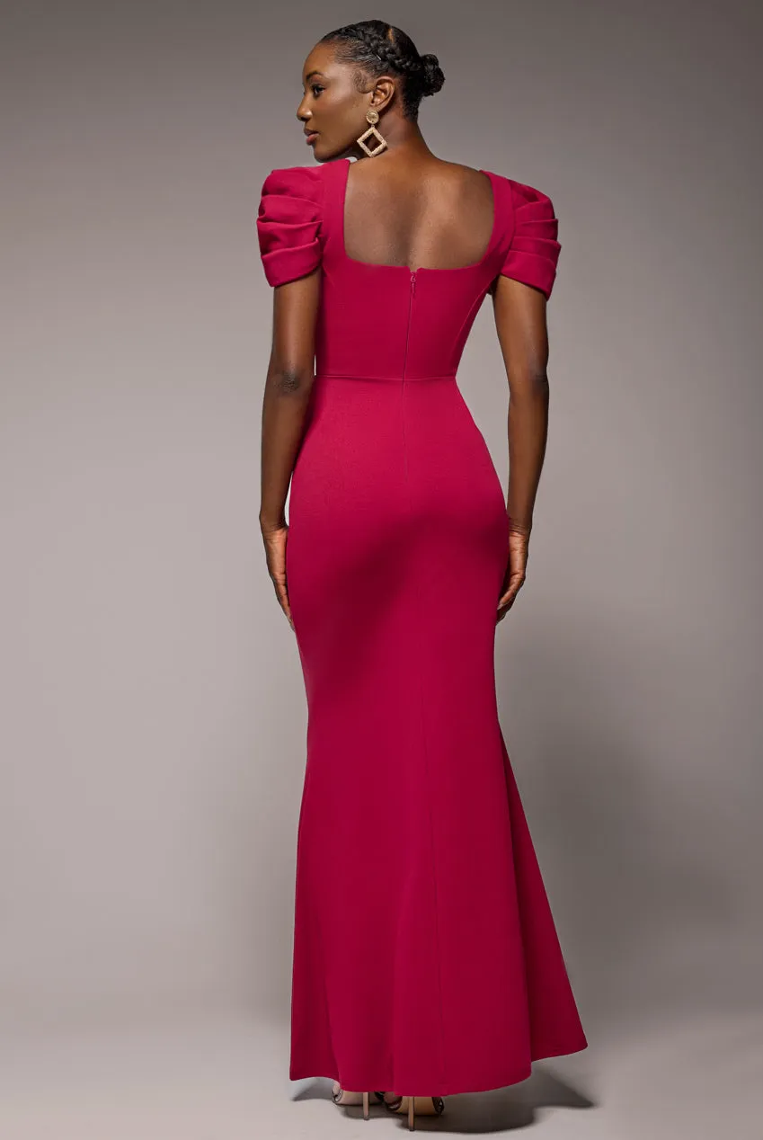 Plunging Neck Pleated Sleeves Scuba Maxi Dress - Burgundy Red by Goddiva sold by Goddiva product image thumbnail 2