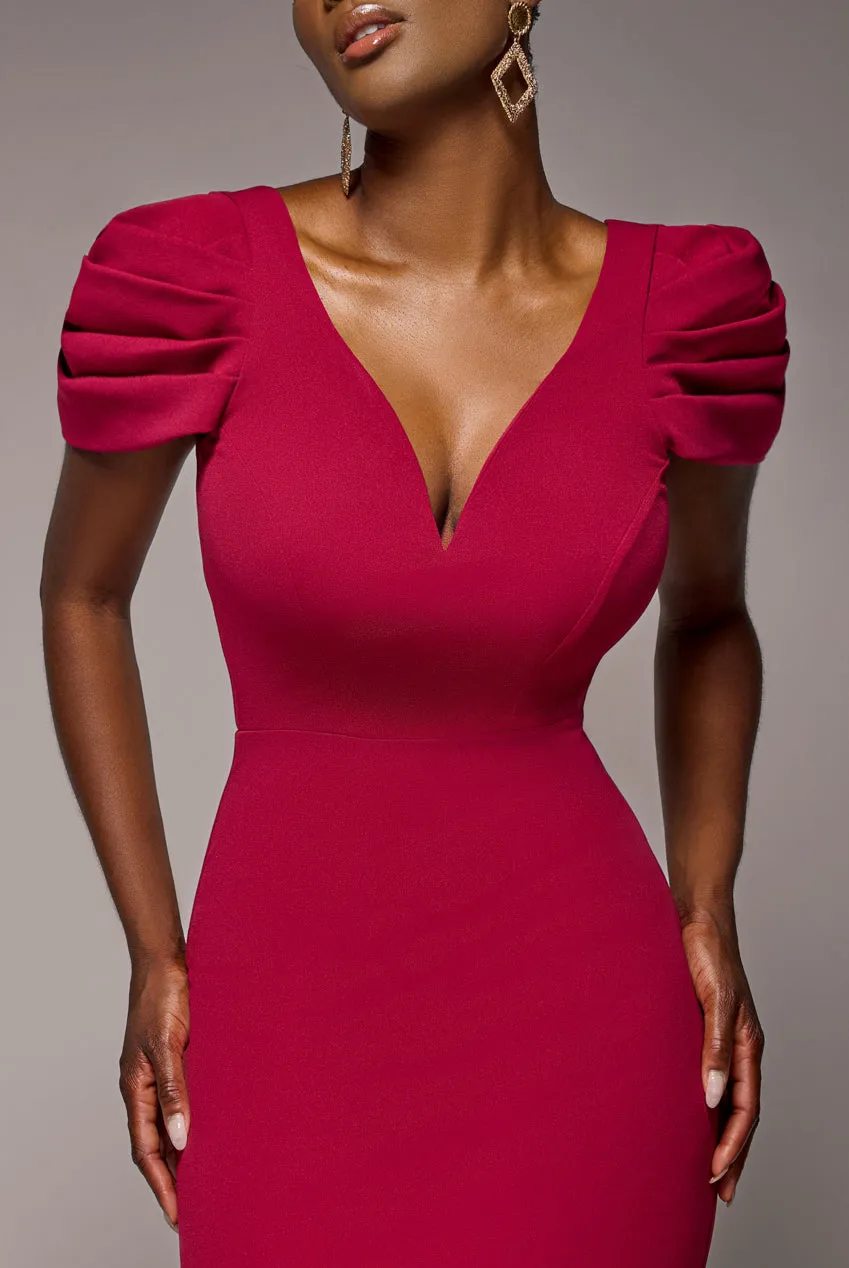 Plunging Neck Pleated Sleeves Scuba Maxi Dress - Burgundy Red by Goddiva sold by Goddiva product image thumbnail 3
