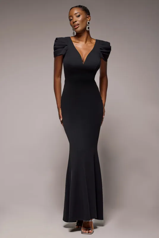 Plunging Neck Pleated Sleeves Scuba Maxi Dress - Black by Goddiva sold by Goddiva