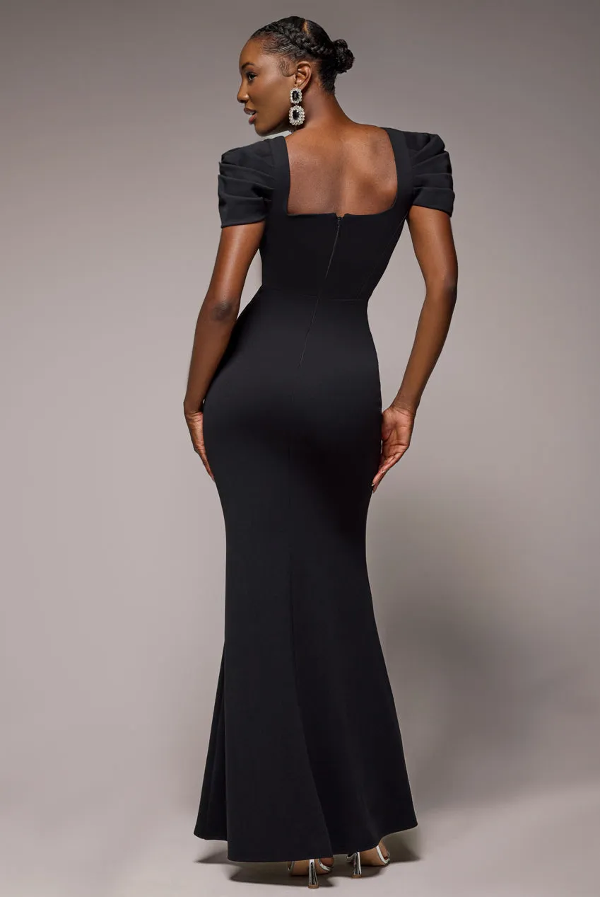 Plunging Neck Pleated Sleeves Scuba Maxi Dress - Black by Goddiva sold by Goddiva product image thumbnail 2