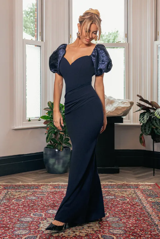 Jacquard Puff Sleeve Sweetheart Scuba Maxi Dress - Navy Blue by Goddiva sold by Goddiva