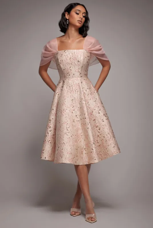 Lace Up Jacquard Midi Dress With Organza Wings - Blush Pink by Goddiva sold by Goddiva