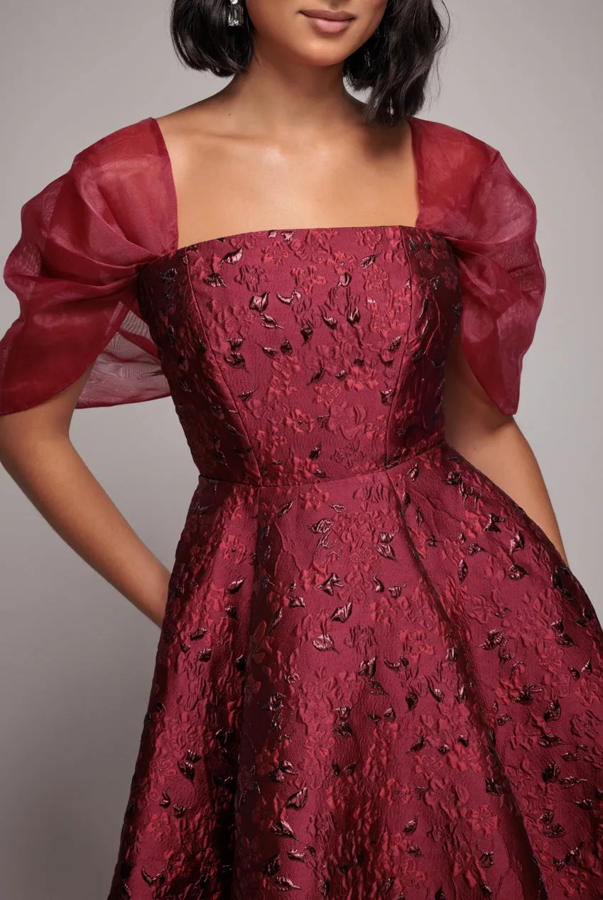 Lace Up Jacquard Midi Dress With Organza Wings - Burgundy Red by Goddiva sold by Goddiva product image thumbnail 4
