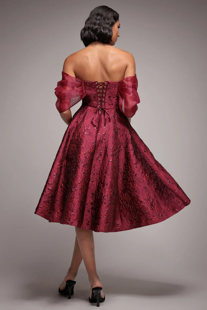 Lace Up Jacquard Midi Dress With Organza Wings - Burgundy Red by Goddiva sold by Goddiva product image thumbnail 3