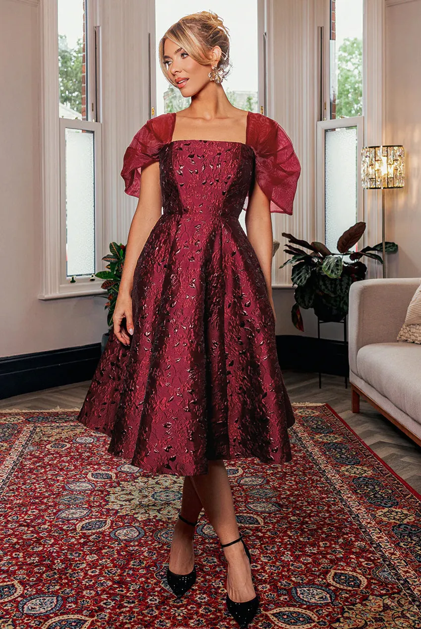 Lace Up Jacquard Midi Dress With Organza Wings - Burgundy Red by Goddiva sold by Goddiva