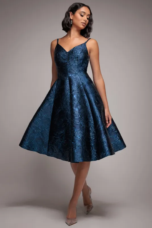 Jacquard Sleeveless A-line Midi Dress - Navy Blue by Goddiva sold by Goddiva