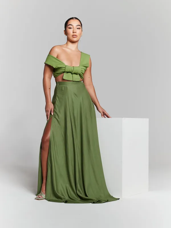 Olive Green High Waisted Maxi Skirt by InFlair sold by Goddiva