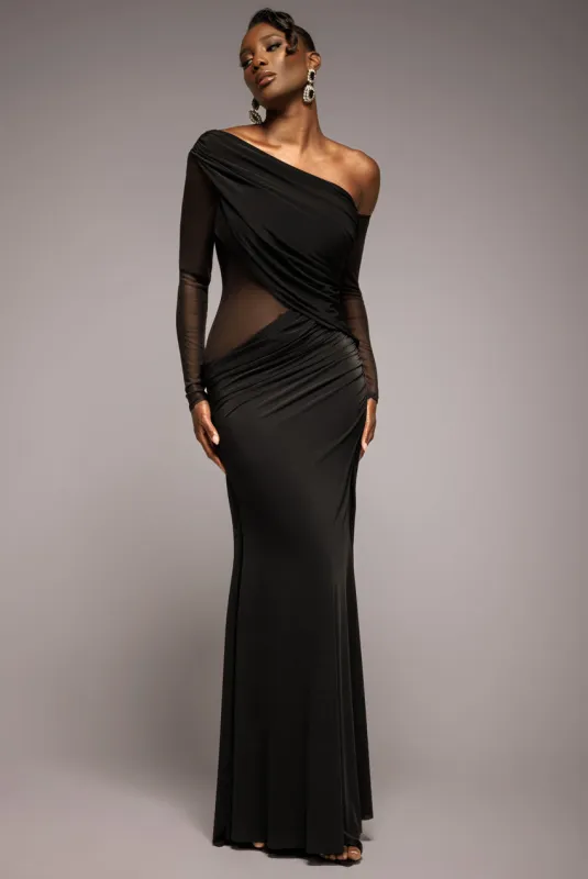 Gathered Cowl Asymmetric Mesh And Soft Touch Maxi Dress - Black by Goddiva sold by Goddiva