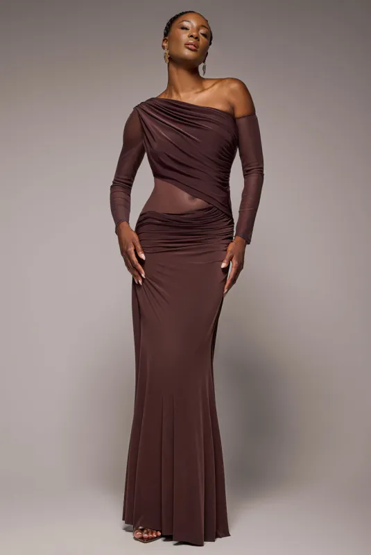 Gathered Cowl Asymmetric Mesh And Soft Touch Maxi Dress - Brown by Goddiva made by Goddiva