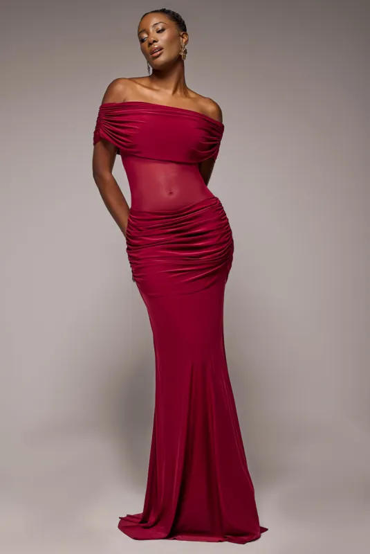Gathered Off The Shoulder Mesh Waist Panel Maxi Dress - Wine by Goddiva sold by Goddiva