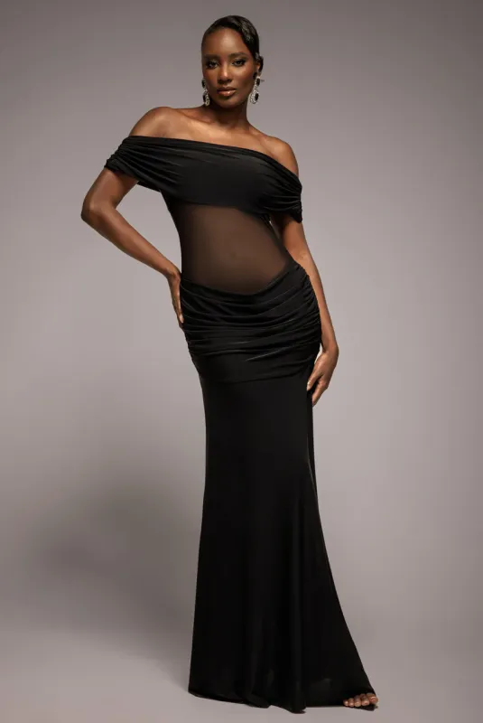 Gathered Off The Shoulder Mesh Waist Panel Maxi Dress - Black by Goddiva sold by Goddiva