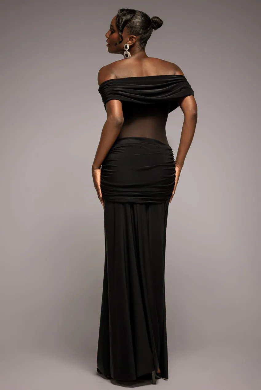 Gathered Off The Shoulder Mesh Waist Panel Maxi Dress - Black by Goddiva sold by Goddiva product image thumbnail 2