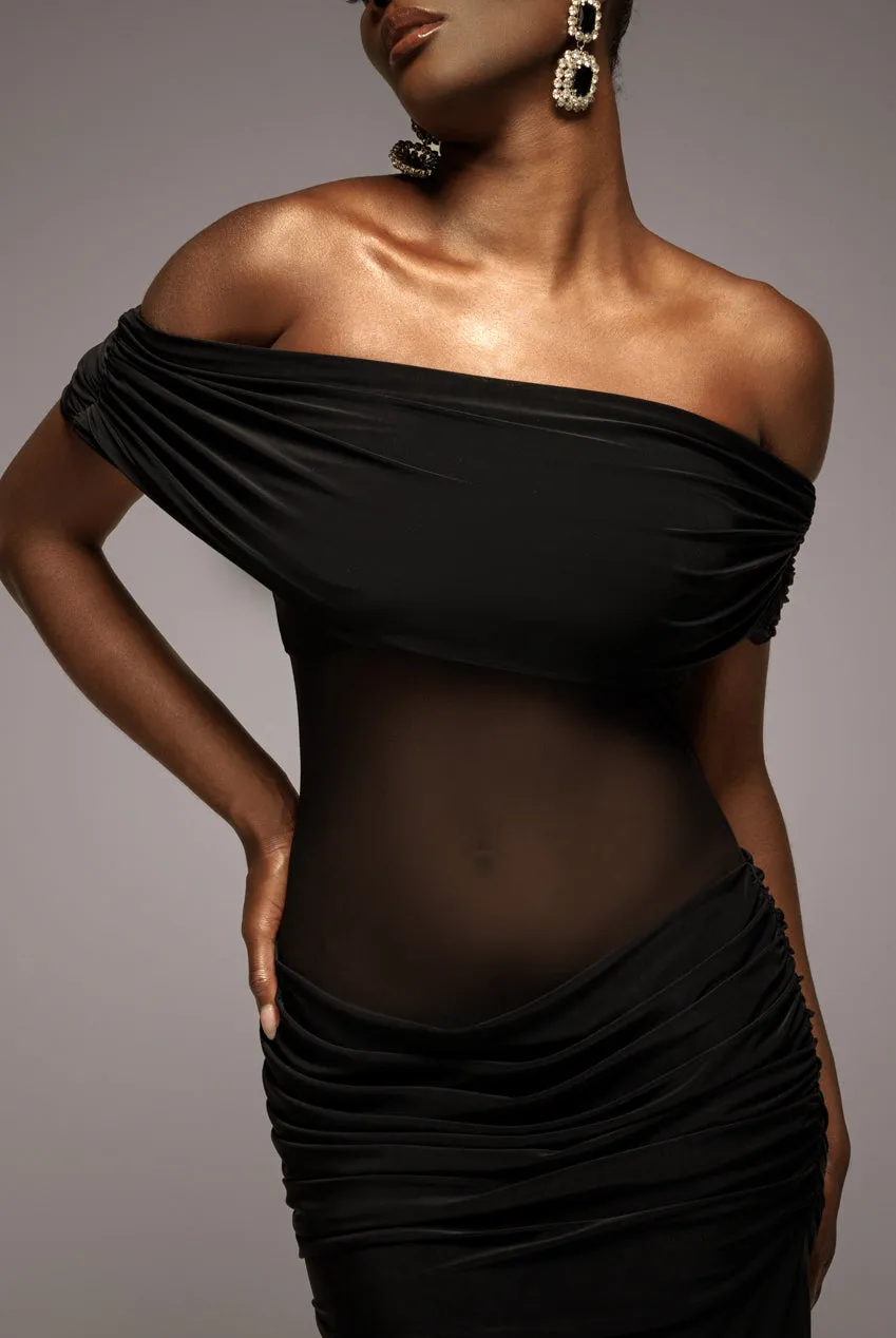 Gathered Off The Shoulder Mesh Waist Panel Maxi Dress - Black by Goddiva sold by Goddiva product image thumbnail 3