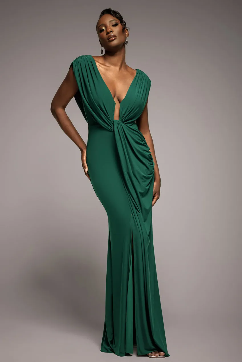 Cowl Plunge Draped Mermaid Maxi Dress - Emerald Green by Goddiva sold by Goddiva