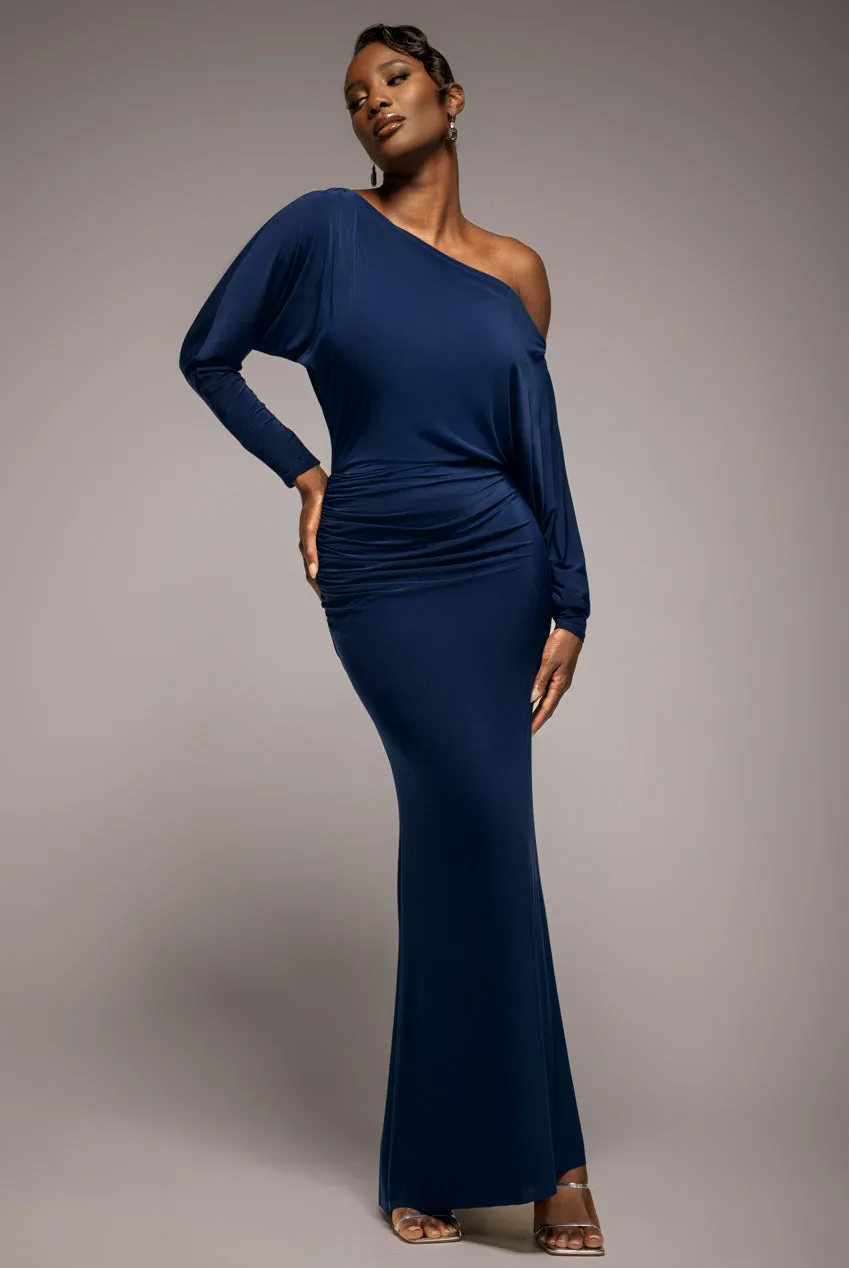 Bat Wing Elasticated Side Gather Maxi Dress - Navy Blue by Goddiva sold by Goddiva