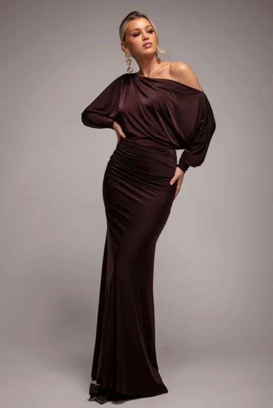 Bat Wing Elasticated Side Gather Maxi Dress - Brown by Goddiva sold by Goddiva