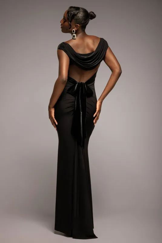 Open Back Cowl Neck Gathered Maxi Dress With Velvet Tie Back - Black by Goddiva sold by Goddiva