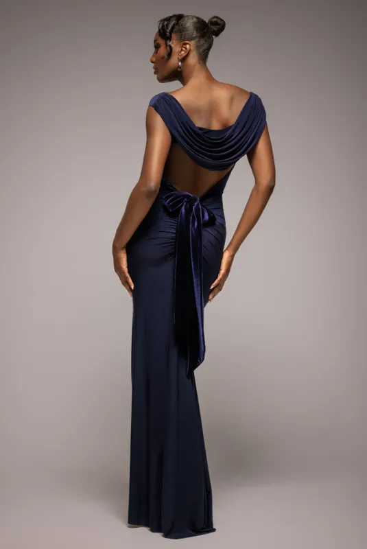Open Back Cowl Neck Gathered Maxi Dress With Velvet Tie Back - Navy Blue by Goddiva sold by Goddiva