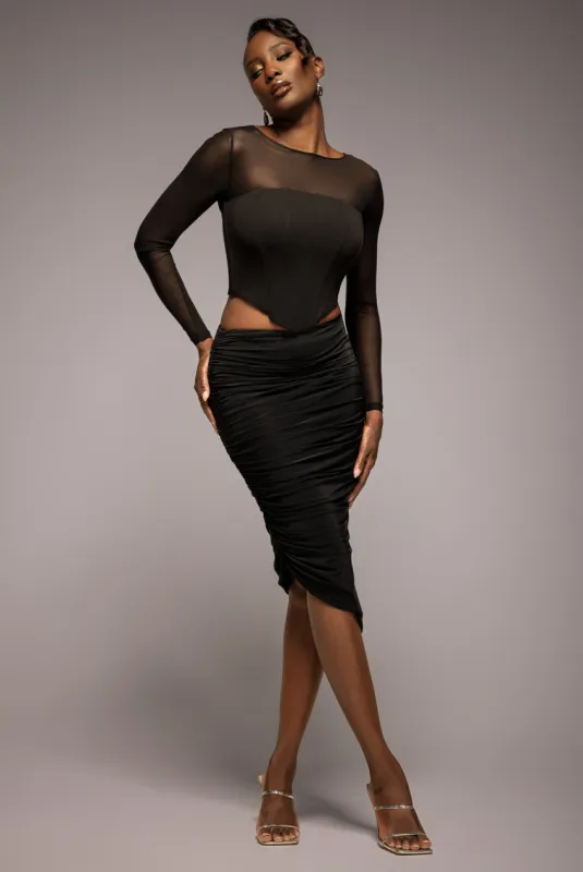 Side Gathered Asymmetric Midi Skirt - Black by Goddiva sold by Goddiva