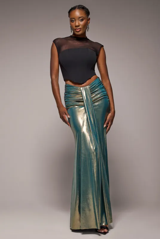 Gathered Front Dipped Waist Foil Maxi Skirt - Gold by Goddiva sold by Goddiva