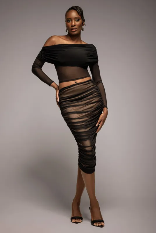 Gathered Side Mesh Midi Skirt - Black by Goddiva sold by Goddiva