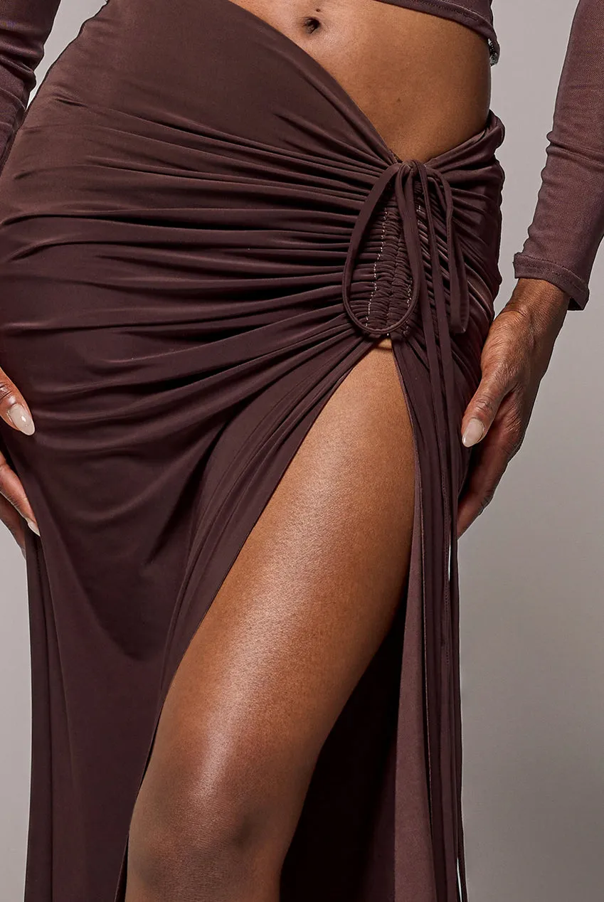Super Split Front Drawstring Maxi Skirt - Brown by Goddiva sold by Goddiva product image thumbnail 5