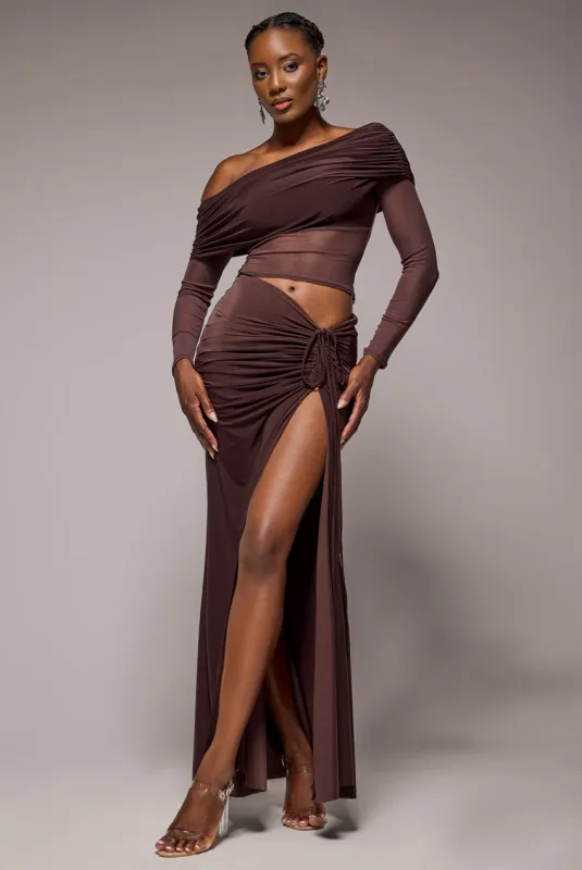Super Split Front Drawstring Maxi Skirt - Brown by Goddiva sold by Goddiva
