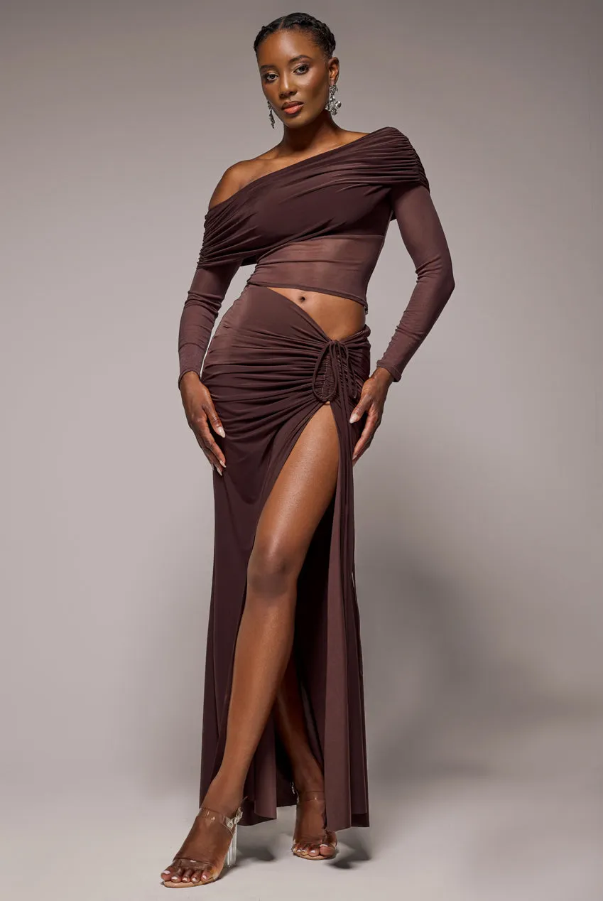 Super Split Front Drawstring Maxi Skirt - Brown by Goddiva sold by Goddiva