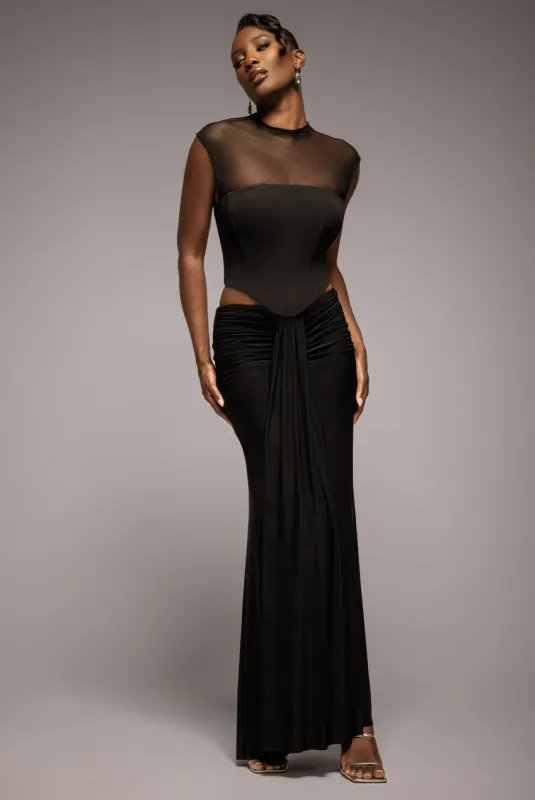Gathered Front Dipped Waist Maxi Skirt - Black by Goddiva sold by Goddiva