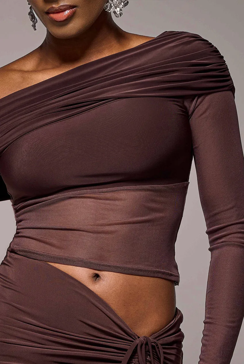 Gathered Bardot Asymmetric Mesh Panel Top - Brown by Goddiva sold by Goddiva product image thumbnail 3