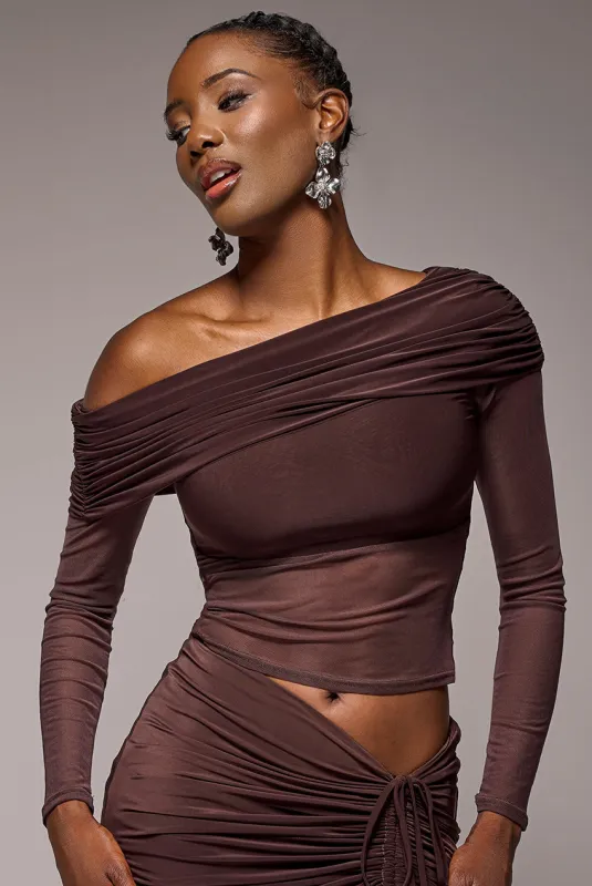 Gathered Bardot Asymmetric Mesh Panel Top - Brown by Goddiva sold by Goddiva