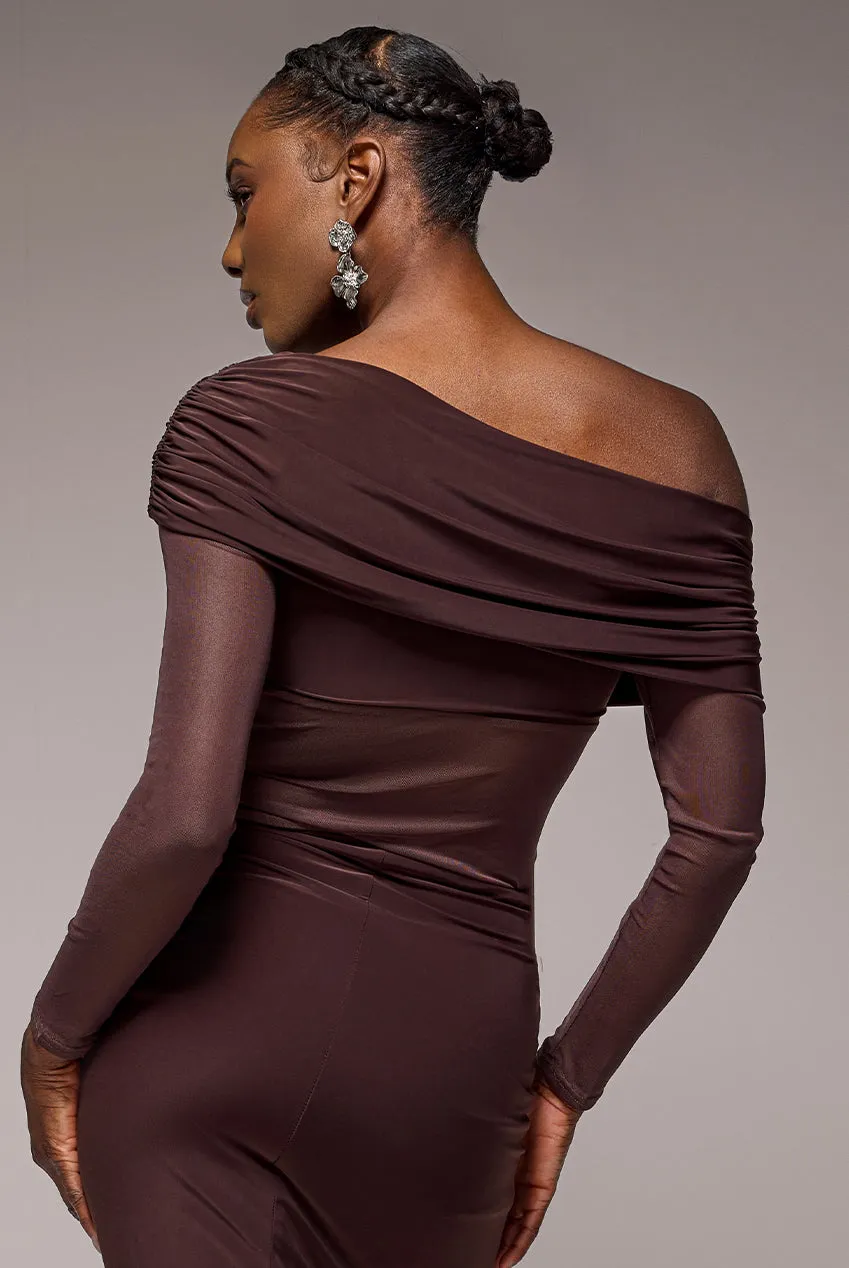 Gathered Bardot Asymmetric Mesh Panel Top - Brown by Goddiva sold by Goddiva product image thumbnail 2