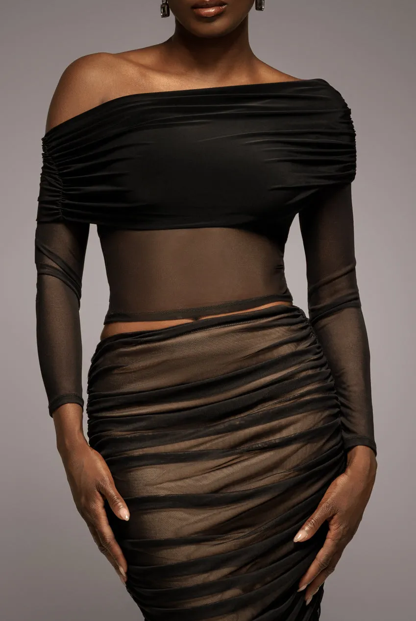 Gathered Bardot Asymmetric Mesh Panel Top - Black by Goddiva sold by Goddiva product image thumbnail 3
