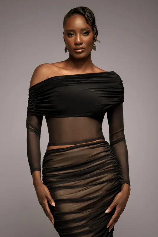 Gathered Bardot Asymmetric Mesh Panel Top - Black by Goddiva sold by Goddiva