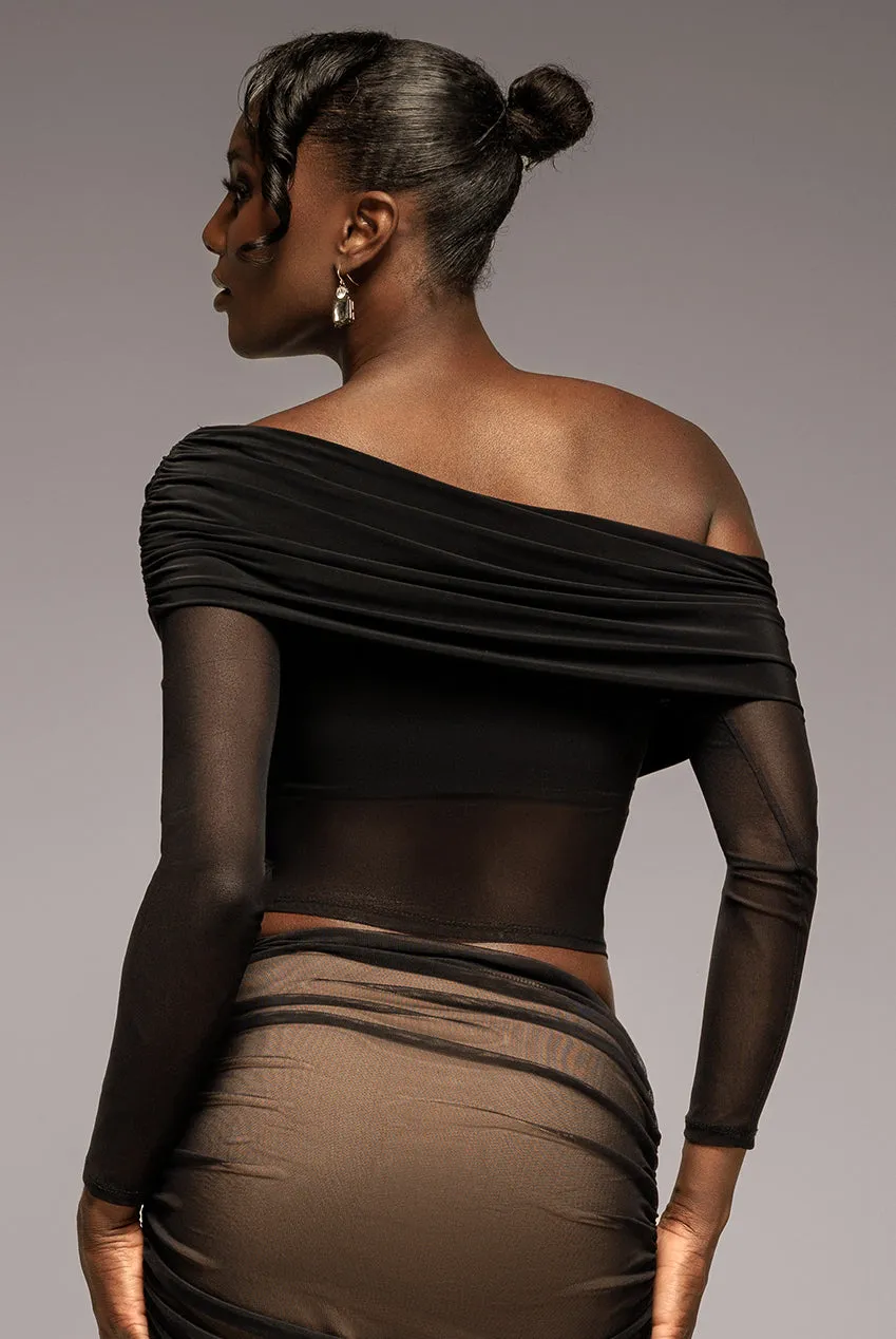 Gathered Bardot Asymmetric Mesh Panel Top - Black by Goddiva sold by Goddiva product image thumbnail 2