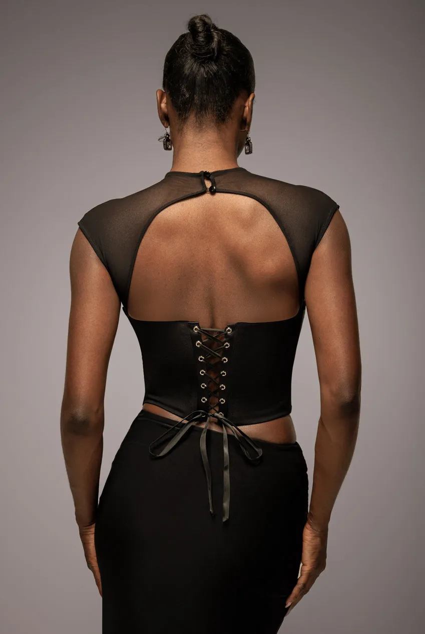 High Neck Open Back Lace Up Scuba Corset Top - Black by Goddiva sold by Goddiva product image thumbnail 2