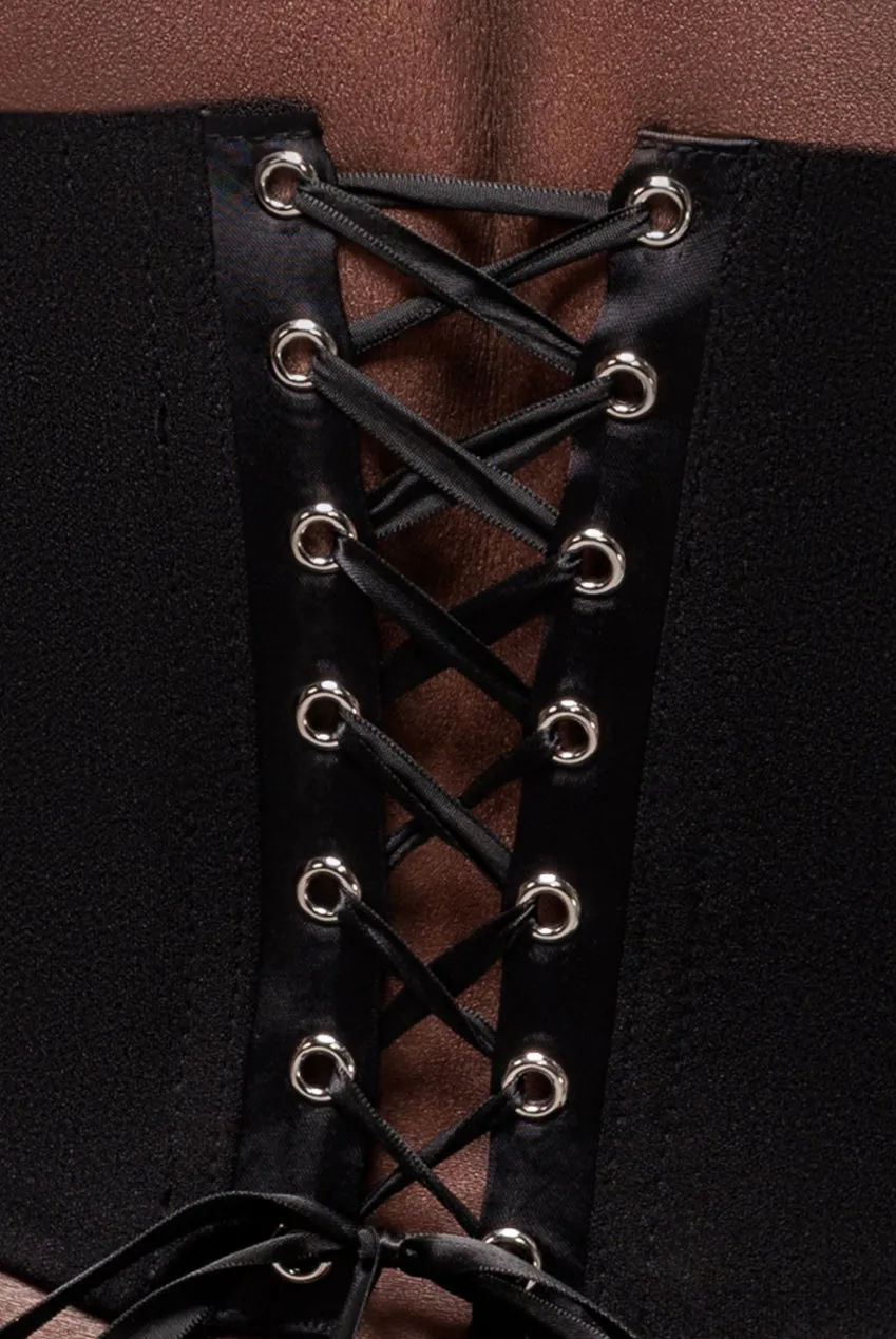 High Neck Open Back Lace Up Scuba Corset Top - Black by Goddiva sold by Goddiva product image thumbnail 4